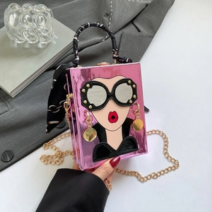 Pink metallic crossbody bag with funny girl face design and chain strap for summer 2025