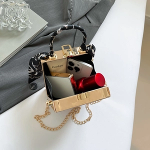 Golden mirror metal box bag with silk scarf handle and detachable chain strap for women