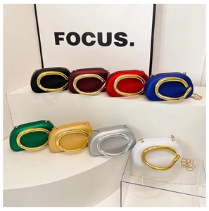 Detailed collection of pearlized evening clutch bags in eight colors with C-shaped metal handles