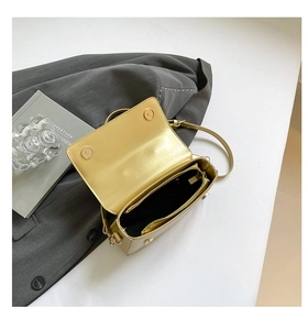 Detail view of champagne gold mini crossbody bag with magnetic buckles and inner compartment