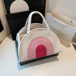 Pink gradient rainbow cotton rope woven handbag for baby diapers and daily use