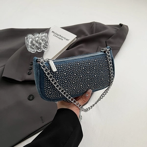 Underarm Shoulder Bag Denim Rhinestone Studded Y2K Streetwear Chain Strap Zipper Closure Crossbody Handbag For Women