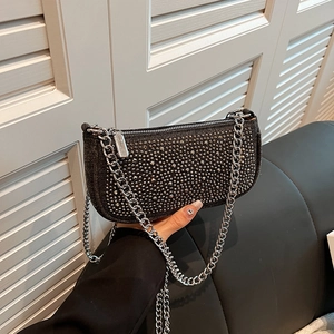 Y2K denim underarm bag with sparkling rhinestones and silver chain strap for women