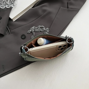 French design denim underarm bag with silver chain and functional interior storage