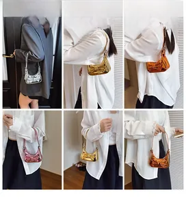 Vues détaillées de sacs Hobo métalliques brillants avec nœuds en argent, or et orange