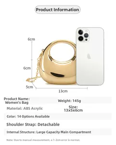 Detailed view of gold mirror acrylic crescent bag with dimensions 13x5x6cm and chain strap