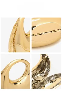 Detailed views of the gold crescent acrylic evening bag with metal chain strap