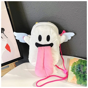 Sac bandoulière fantôme en peluche blanche avec longue langue rose et ailes bleues