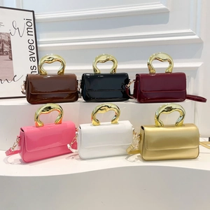 Women Patent Leather Crossbody Bag Metallic Artistic Handle Small Square Flap Handbag Shoulder Purse Daily Outing