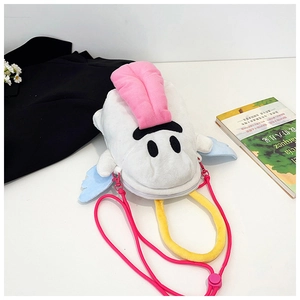Sac à bandoulière en peluche clown avec ailes colorées et sangle rose réglable à plat
