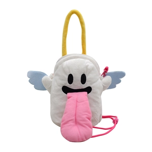 Sac fantôme en peluche blanche avec longue langue rose et bandoulière réglable