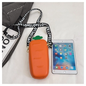 Carrot-shaped crossbody bag with green leaf detail and black LOVE letter print strap