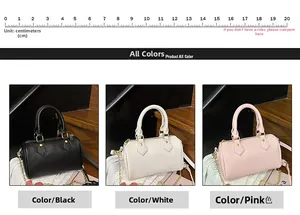 Three leather Boston bags in black, white, and pink with gold chain straps and size measurement
