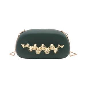 Modern emerald green acrylic clutch with gold wave handle and metal chain strap