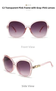 Macro detail of pink frame sunglasses with gold hollow hinge and gradient lenses