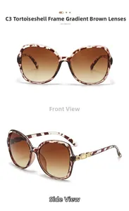 Detail of tortoise shell sunglasses frame with golden metal trim and gradient tea lenses
