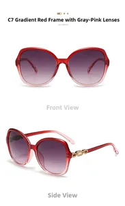 Detail of red gradient butterfly sunglasses with gold chain accents on temples
