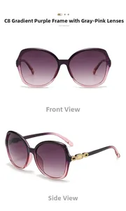 Detail of oversized purple gradient sunglasses with gold hollow chain link design