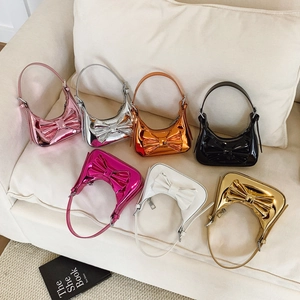 Mini Sac À Épaule Pour Filles En Cuir Verni PU Brillant Noeud Papillon Sac À Main Croissant Hobo Mode Enfant