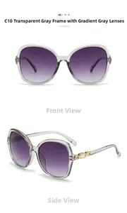 Detail view of transparent grey sunglasses with purple gradient lenses and gold chain arms