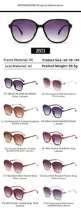 Detailed spec sheet showing oversized PC frame sunglasses with dimensions and 10 colors