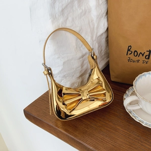 Mini sac hobo doré métallisé avec grand nœud et finition brillante pour filles