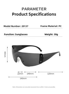 Detailed technical drawing of futuristic visor sunglasses with precise size measurements