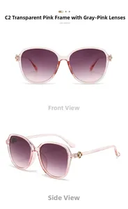 Detail view of transparent pink frame sunglasses with gold floral rhinestone hinges