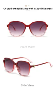 Macro detail of red gradient sunglasses featuring floral metal accents and rhinestones