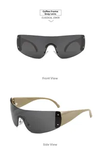 Detail of coffee frame sunglasses with star rivets and wrap-around future fashion style