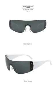 Detailed front and side views of white shield sunglasses with dark grey lenses