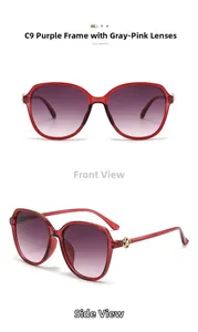 Detail of purple oversized sunglasses featuring golden flower accents and gradient lenses