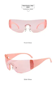 Detail of pink futuristic shield sunglasses with oversized frame and metallic rivets