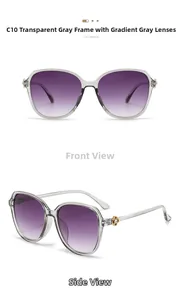 Macro detail of transparent grey frame sunglasses with golden floral metal temple hinges
