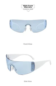 Front and side views of futuristic white frame sunglasses with blue lenses and star studs