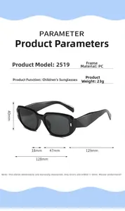 Detailed size specifications for kids black sunglasses with PC frame and dimensions