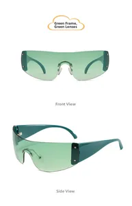 Detail view of green futuristic oversized sunglasses with star rivets and seamless lens