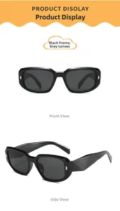 Detail view of rectangular black plastic kids sunglasses with dark grey lenses
