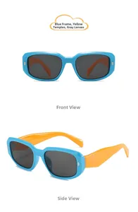 Detail of kids rectangle sunglasses in sky blue and orange yellow contrast frame