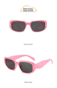 Detail view of pink rectangular kids sunglasses with grey lenses and silver side rivets