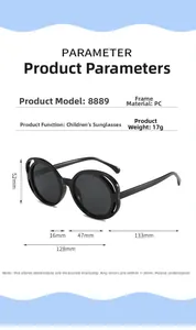 Detailed size chart for kids sunglasses showing dimensions of the round hollow PC frame