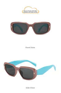 Detail of rose pink frame sunglasses with blue arms and gray lenses for children