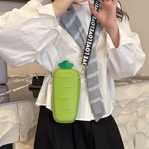 Creative green carrot-shaped silicone shoulder bag with a wide LOVE letter strap