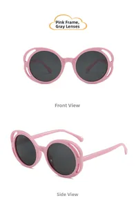Detail of pink hollow frame sunglasses showing front and side views for kids