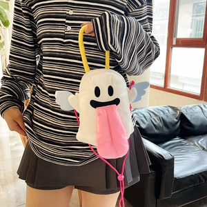 Sac fantôme en peluche rigolo avec longue langue rose porté en bandoulière