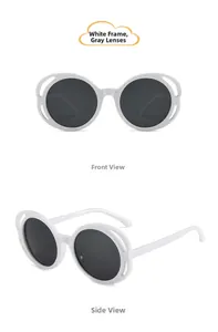 Front and side view of white hollow-out sunglasses with dark grey lenses for kids
