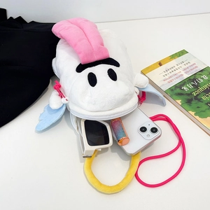 Sac bandoulière clown en peluche blanche avec ailes bleues montrant l'espace intérieur