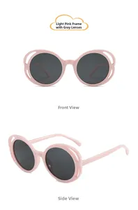 Detailed front and side views of pink hollow petal-shaped flower sunglasses for kids