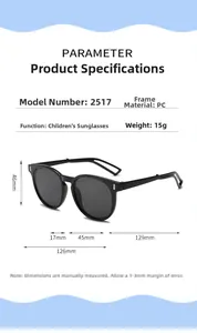 Tableau des dimensions de lunettes de soleil enfant avec monture PC et largeur 126mm
