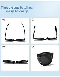 Four-step guide showing the three-step folding mechanism of compact kids sunglasses